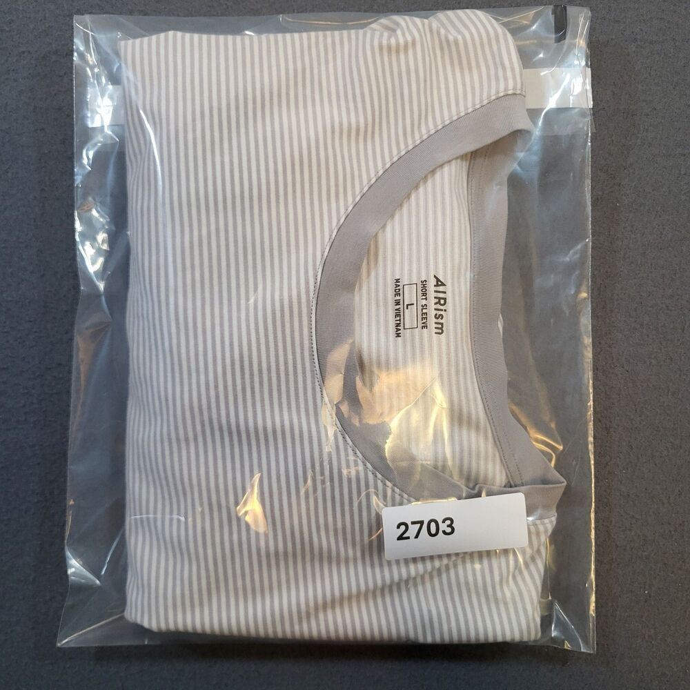 Uniqlo AIRism Cotton Blend Shirt Mens Large Gray White Striped Ringer Crew Neck - Picture 8 of 8